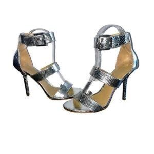 Michael Kors Amal Silver Metallic Snake Print Leather Sandal Size 7